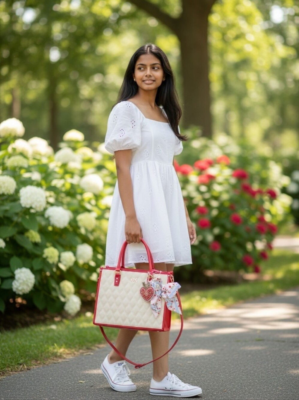 NWT Betsey Johnson Cream Quilted Tote with Red Trim and Bow Charm